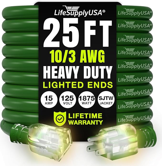 25ft Outdoor/Indoor Extension Cord 10/3 Gauge Ultra Heavy Duty 3 Prong SJTW, Waterproof, Flexible Cold-Resistant Long Power Cord,15A 125V 1875W, Green by LifeSupplyUSA
