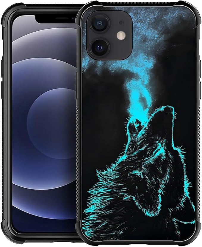 for iPhone 12/12 Pro Case, Blue Breathing Wolf Pattern Graphic Design Girl Boy Soft Silicone Hard Acrylic Shock Protection for iPhone 12/12 Pro