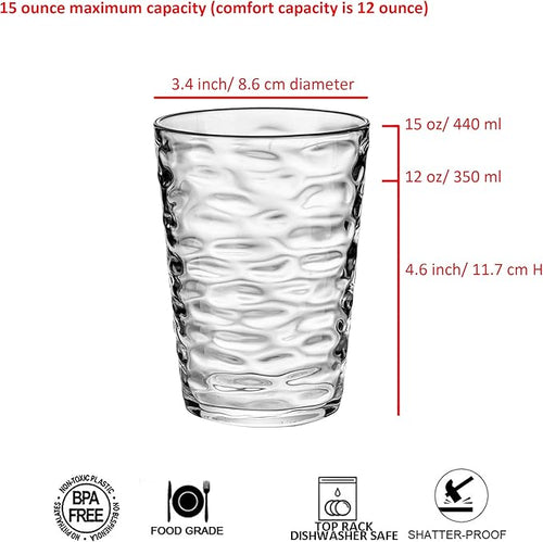 14-ounce Plastic Tumblers, Acrylic Drinking Glasses, set of 6 Clear Reusable Plastic Cups, Stackable, BPA-Free, Shatter-Proof, Dishwasher-Safe