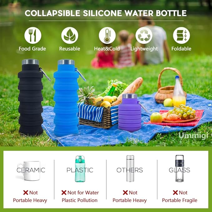 Collapsible Water Bottles，2 pack BPA Free Travel Silicone Water Bottle with Carabiner，17oz Reusable Foldable Lightweight Portable Sports Water Bottle for Travel Gym Camping Hiking