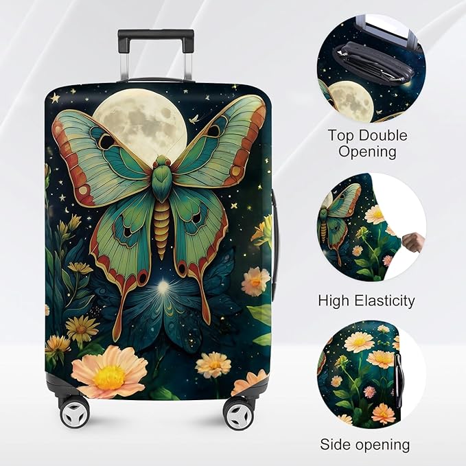 Moonlit Butterfly Flower MothTravel Luggage Cover -Stretchable Airplane Suitcase Protector Sleeve,Universal Washable Fit for 28-30 Inch Checked Baggage,Water Resistant Durable Luggage Protector