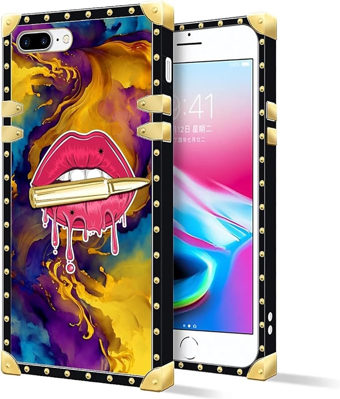 Compatible with iPhone 8 7 SE Case, Cool Corlorful Lip Marble Luxury Golden Decoration for Girl Women Soft TPU Shockproof Protective Hard PC Back for iPhone 8 7 SE