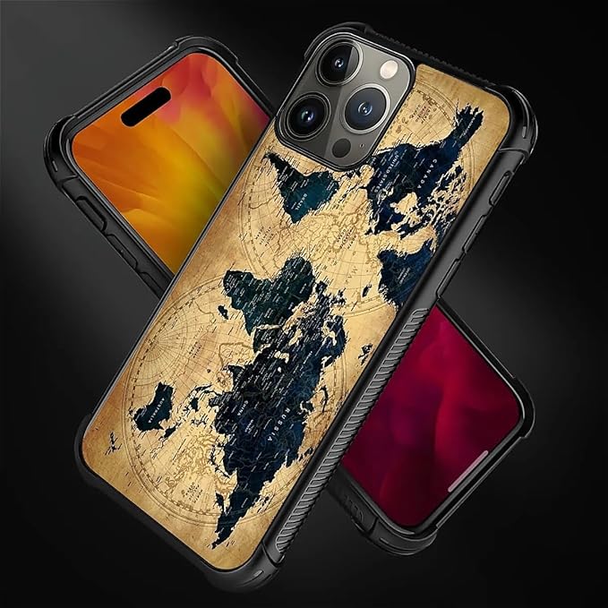 for iPhone 15 Pro Case, Brown World Map Pattern Graphic Design Girl Boy Soft Silicone Hard Acrylic Shock Protection for iPhone 15 Pro