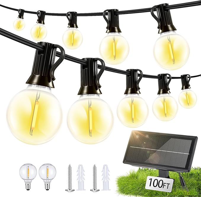 Solar Lights Outdoor Waterproof: G40 30M 100FT Shatterproof Bulbs Patio Lights - Solar Powered 3 Light Modes Solar Light - Camping Backyard Garden Deck Outside Yard