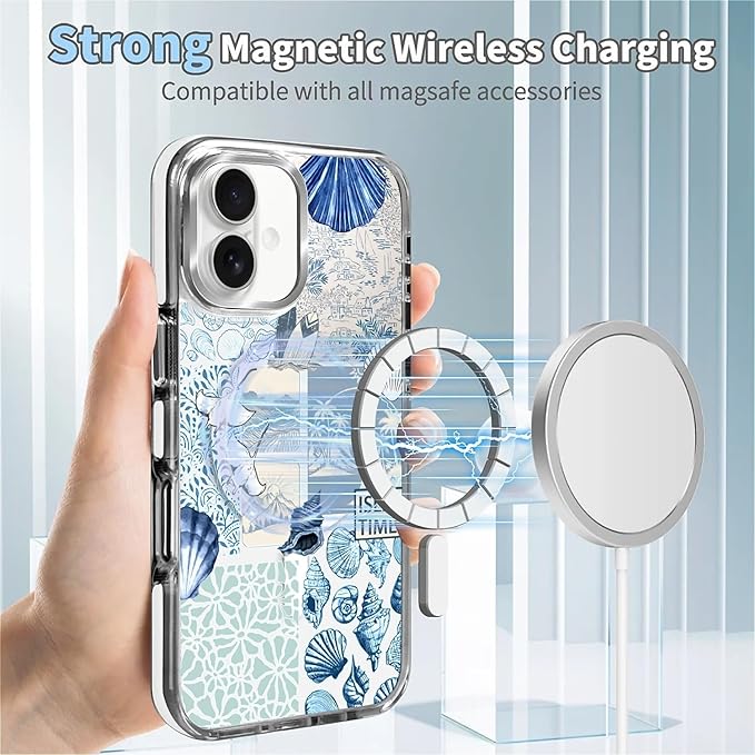 Case for iPhone 16 Plus,[Compatible with MagSafe],Sea Life Ocean Waves Seashell Collage Phone Case Design，for Women Girls Magnetic Clear Cover - Slim, Sleek, & Shockproof Protection