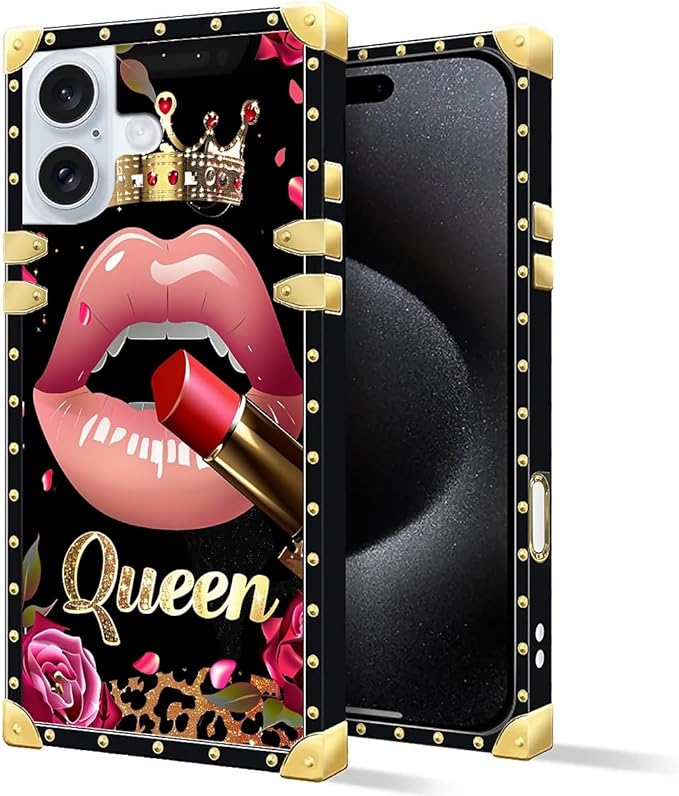 Compatible with iPhone 16 Plus Case, Glitter Red Rose Queen Leopard Lipstick Luxury Golden Decoration for Girl Women Soft TPU Shockproof Protective Hard PC Back