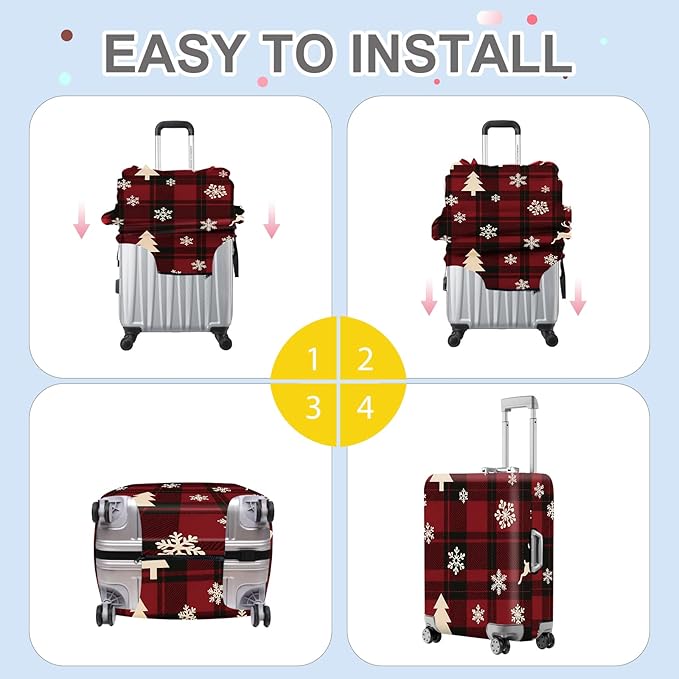 ANNA QUEEN Christmas Plaid Luggage Cover, Red and Black Check Suitcase Protector with Snowflake and Tree Pattern, Stretchable Washable Travel Sleeve for 28-30 Inch Luggage