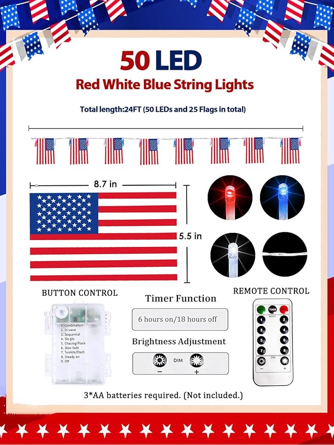 4th of July Decoration, 24FT 50LED Red White and Blue String Lights 25 American Flags, Battery Operated Patriotic Lights Waterproof 8 Modes, Remote & Timer for 250th Anniversary Independence Day Decor