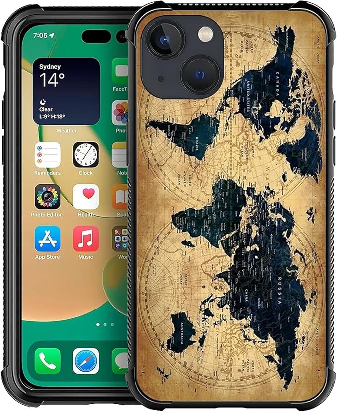 for iPhone 13 Case, Brown World Map Pattern Graphic Design Girl Boy Soft Silicone Hard Acrylic Shock Protection for iPhone 13