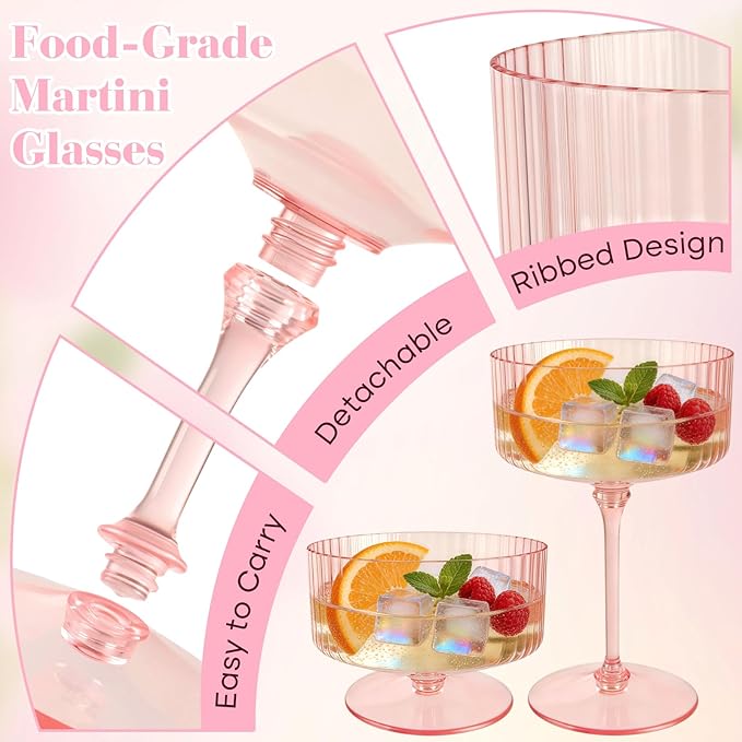PLULON 6 Pcs Pink Champagne Martini Glasses Set 10 Oz Plastic Ribbed Coupe Cup, Cocktail Glasses Champagne Cup Tower Vintage Margarita Glassware for Clubs Gifts Wedding Bachelor Party Outdoor Events
