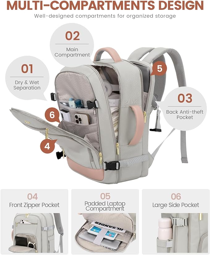 LOVEVOOK Large Travel Backpack For Women, 50L Carry On Backpack Flight Approved, TSA Personal Item Bag, Waterproof Laptop Backpack Fits 18 Inch Laptop, Business Weekender Overnight With 3 Cubes, Grey