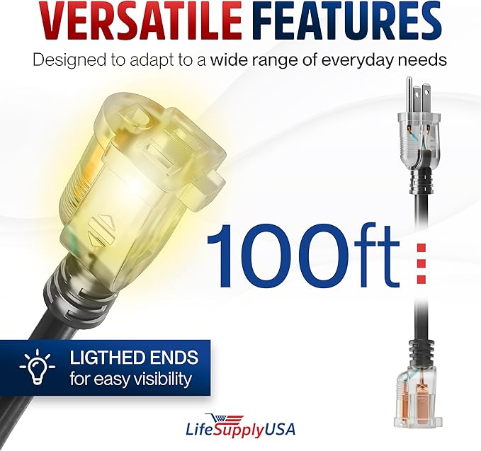 100ft Outdoor/Indoor Extension Cord 16/3 Gauge Heavy Duty 3 Prong SJTW, Waterproof, Flexible Cold-Resistant Long Power Cord,10A 125V 1250W, Black by LifeSupplyUSA