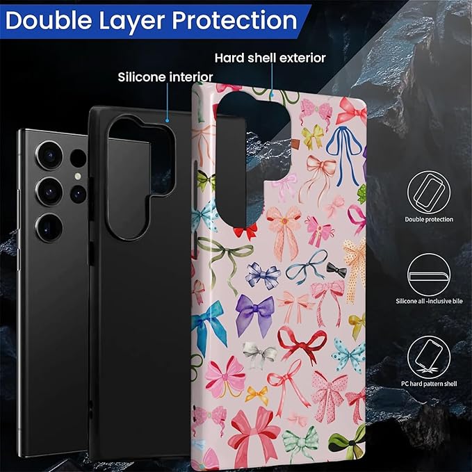 for Samsung Galaxy S24 Ultra Case,HL2 Aesthetic Color Bow Tie Hybrid 2 Layer Hard Shell Silicone Protective Pattern Design Case