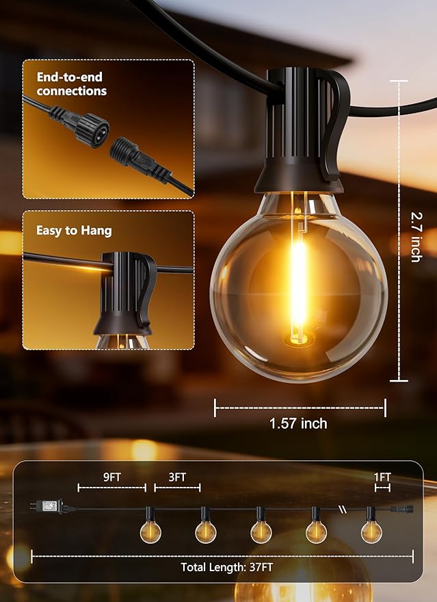 Brightown 37Ft Outdoor String Lights with Remote, 11 G40 Shatterproof LED Bulbs, Waterproof Connectable Hanging Patio Lights for Porch, Backyard, Bistro, Deck, Balcony, Home Decor, 2700K Dimmable