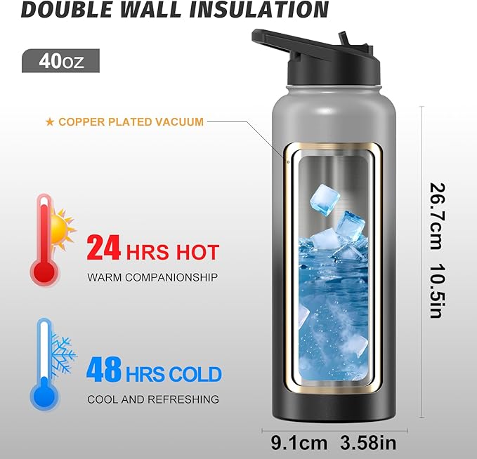 40oz Insulated Water Bottle (Cold for 48 Hrs),BPA Free&Leak Proof,Stainless Steel Water Flask,Water Jug with Straw Spout Lids for Gym,Hiking,Travel,Grey Black