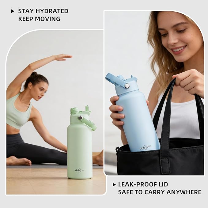 32oz Insulated Water Bottle with 2-in-1 Straw and Spout Lid, 304 Stainless Steel Water Bottle Keep Cold for 24H,Leak-Proof,Sports Water Bottle with Braided Carry Strap for Gym,Travel,Cream White
