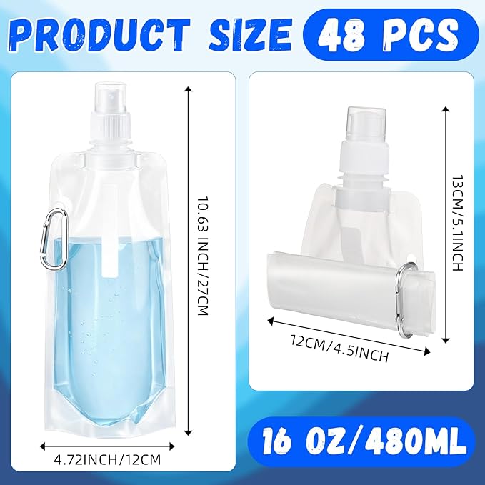 Teenyyou 48 Pack Collapsible Water Bottles Bulk 16oz Foldable Water Bottles with Carabiner Reusable Drinking Leak Proof Container Bags for Sport Biking Hiking Camping Travel Outdoor (Transparent)