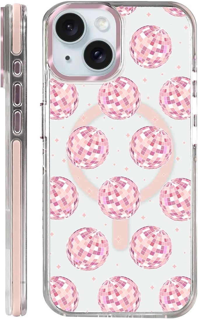 Case for iPhone 15,[Compatible with MagSafe],Disco Balls Pink Phone Case Design，for Women Girls Magnetic Clear Cover - Slim, Sleek, & Shockproof Protection