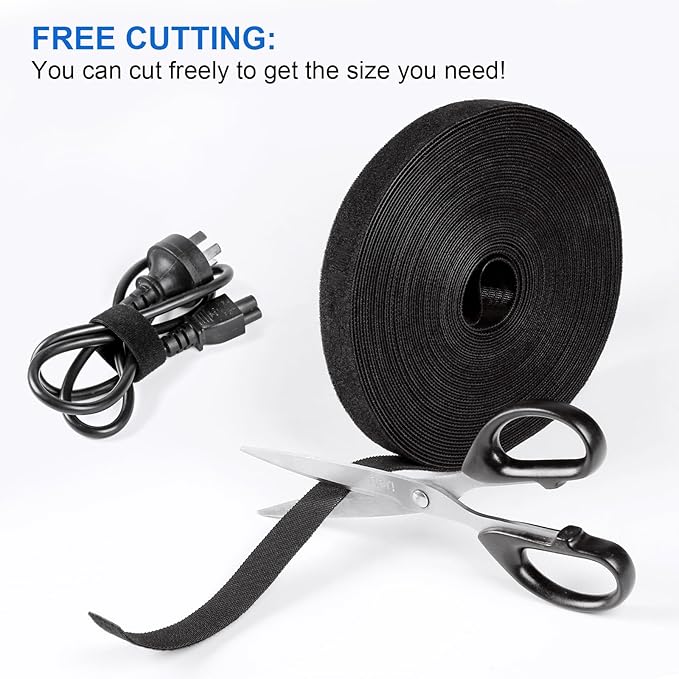 OneLeaf Hook and Loop Roll Reusable Fastening Cable Ties, Free Cutting Multi-Purpose Cable Management Tape，Black Heavy Duty Wire Management for Home and Office