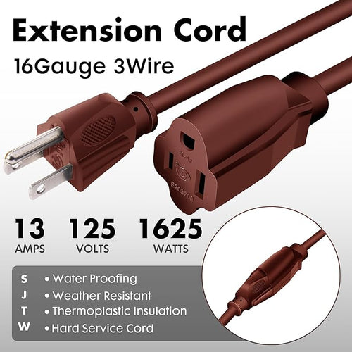 12ft Brown Outdoor Extension Cord Waterproof, UL Listed, 16/3 SJTW Heavy Duty 3 Prong, 16 Gauge 13A Power Cord Ideal for Indoor Outdoor Lights, Appliances, and Lawn
