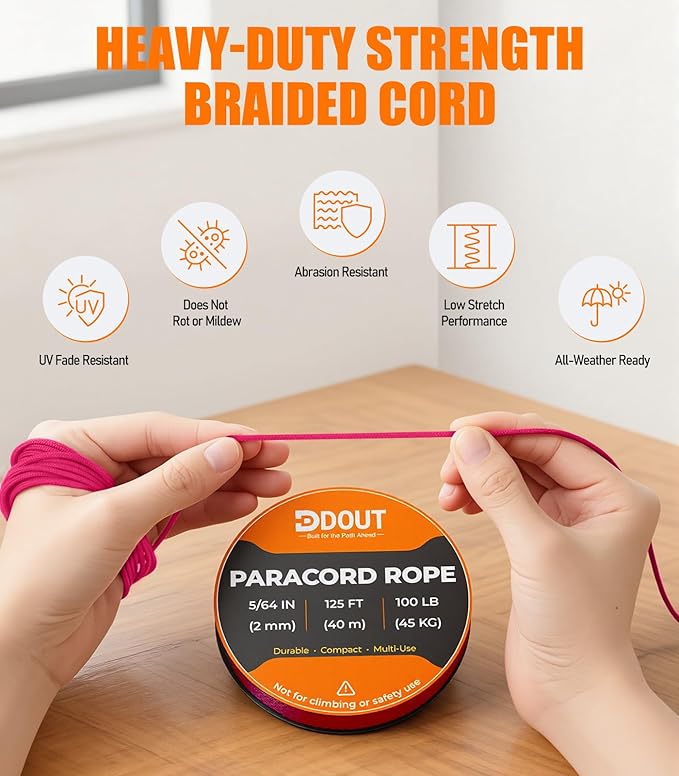 DDOUT 2mm Paracord 100lb, Thin Micro Paracord Rope, Pink 125FT Nylon Cord for Crafting, DIY Projects, Fishing, Camping & Outdoor