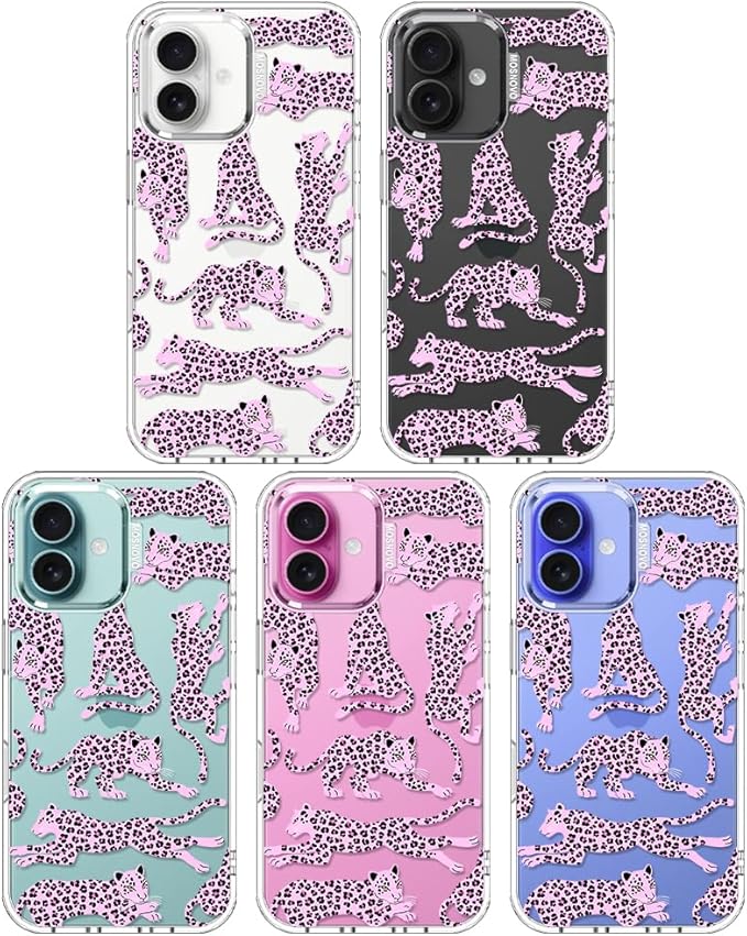 MOSNOVO Case for iPhone 16, [Buffertech 6.6ft Military-Grade Drop Protection] [Anti Peel Off Tech] Clear TPU Bumper Phone Case Cover Design - Pink Leopard