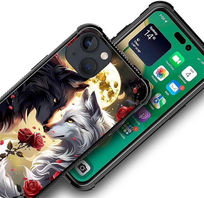 for iPhone 14 Plus Case, Black White Wolf Moon Flower Rose Pattern Made of Soft Silicone Hard Acrylic Shock Protection for iPhone 14 Plus