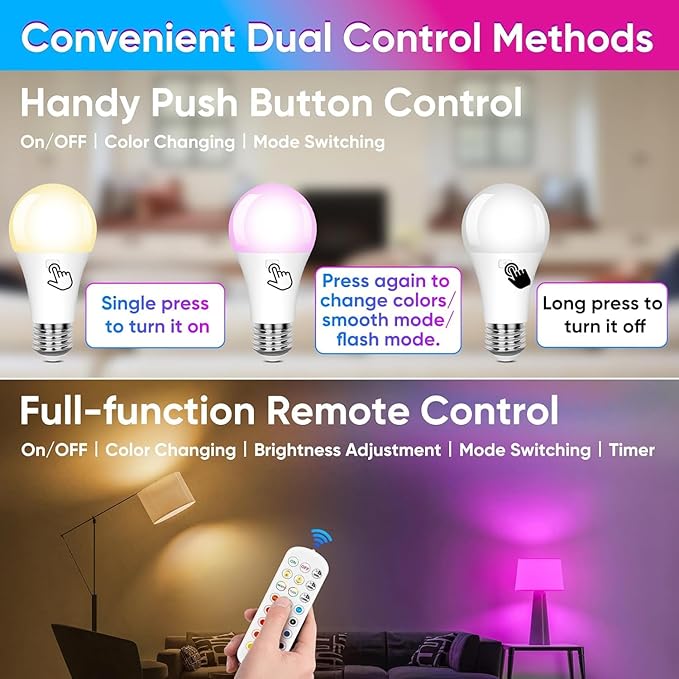 Rechargeable Battery Operated A19 Light Bulbs with Remote, Dimmable Detachable Battery Powered LED Bulb with 15 Colors Shift & Timer, Cordless Emergency Bulb for Wall Sconce, Non-Hardwired, 4-Pack