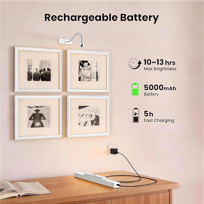 Picture Light with Remote - 16in White Rechargeable Battery Wall Light for Paintings, Cordless Wall Sconce for Art Painting & Photo Frames, 5000mAh with Timer, 350LM Brightness (3-Pack)