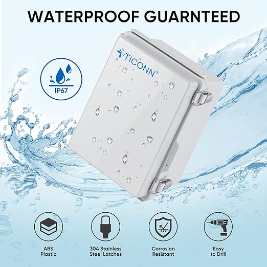 TICONN Outdoor Electrical Box Waterproof, Junction Box IP67 ABS Plastic Enclosure with Hinged Cover with Mounting Plate, Wall Brackets, Cable Glands (Off-White, 11"x7.5"x5.5")