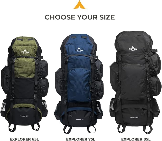 Teton 65L Explorer Internal Frame Backpack for Hiking, Camping, Backpacking, Rain Cover Included, Black