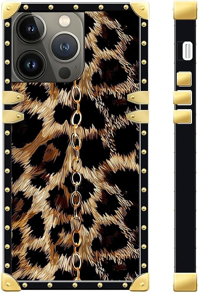 Compatible with iPhone 15 Pro Case, Seamless Gold Chain Leopard Luxury Golden Decoration for Girl Women Soft TPU Shockproof Protective Hard PC Back for iPhone 15 Pro