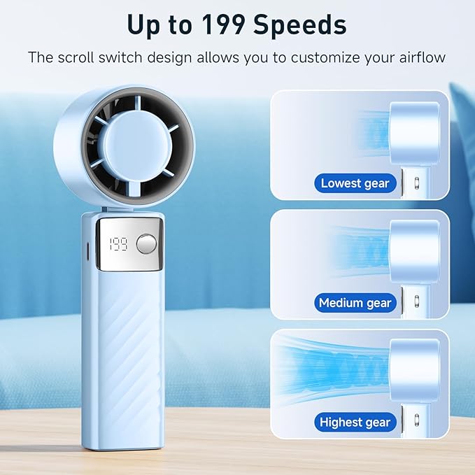 YOSHENMO Portable Handheld Turbo Fan - Foldable Mini Fan with Air Turbo Tech, 1-199 Speed Adjustment, 20H Runtime, LED Display, Battery-Powered for Indoor/Outdoor Use Light Blue