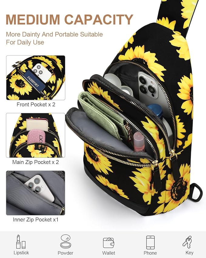 Capolo Sling Bag for Women Men Waterproof Crossbody Bags for Women Trendy Casual Fanny Pack with Convertible Shoulder Strap Chest Bag for Travel Hiking(Sunflower, Medium)