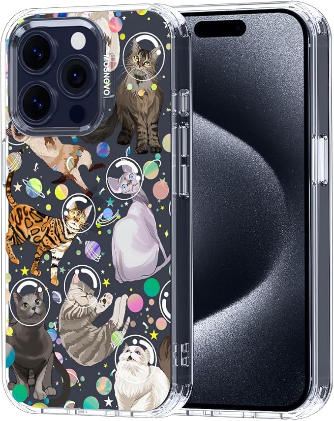 MOSNOVO Case for iPhone 15 Pro, [Buffertech 6.6ft Military-Grade Drop Protection] [Anti Peel Off Tech] Clear TPU Bumper Phone Case Cover Design - Space Cat