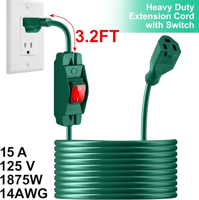 Outdoor Waterproof On/Off Switch Extension Cord, Heavy Duty 125v/250v Black SJTW Cord (35 Ft, Green)