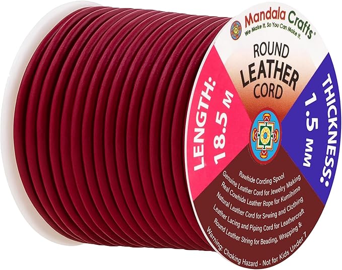 Mandala Crafts Round Genuine Burgundy Leather Cord for Jewelry Making – 1.5mm Cowhide Leather Rope String Lace for Kumihimo – 20 Yards Cowhide Craft Cording Spool