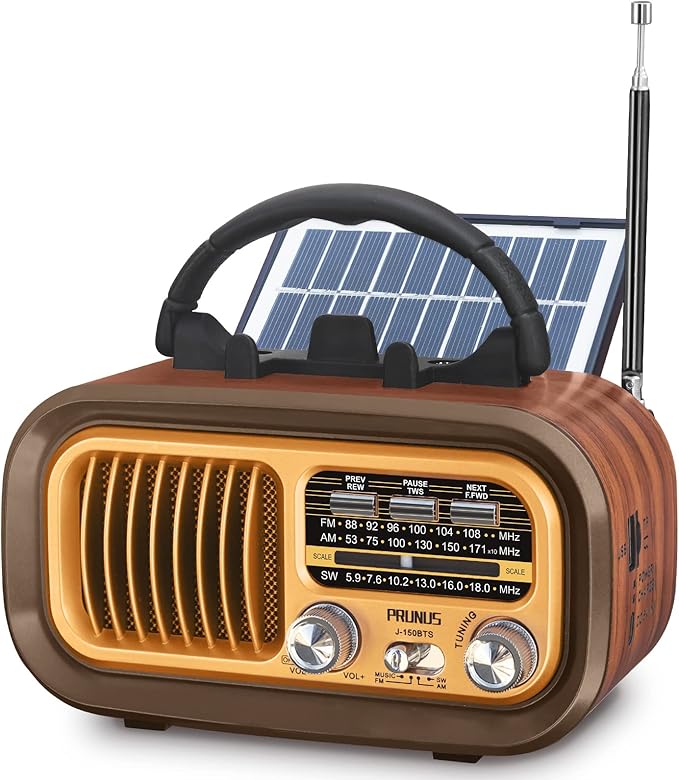 PRUNUS J-150 Portable Radio AM FM SW Bluetooth Speaker, Gifts for Dad and Mom, Retro Radios Vintage Transistor with Best Sound, Solar/D Battery Operated/USB Charging, TWS, Support TF Card/USB Playing