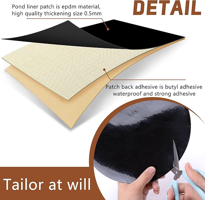 Adnee 2 Pcs Pond Liner Repair Patch-10 Inches Round Self-Adhesive EPDM Liner Repair Patch Kit-Thickened Rubber Pond Liner Seam for EPDM Garden Pond Patch Cover Repair