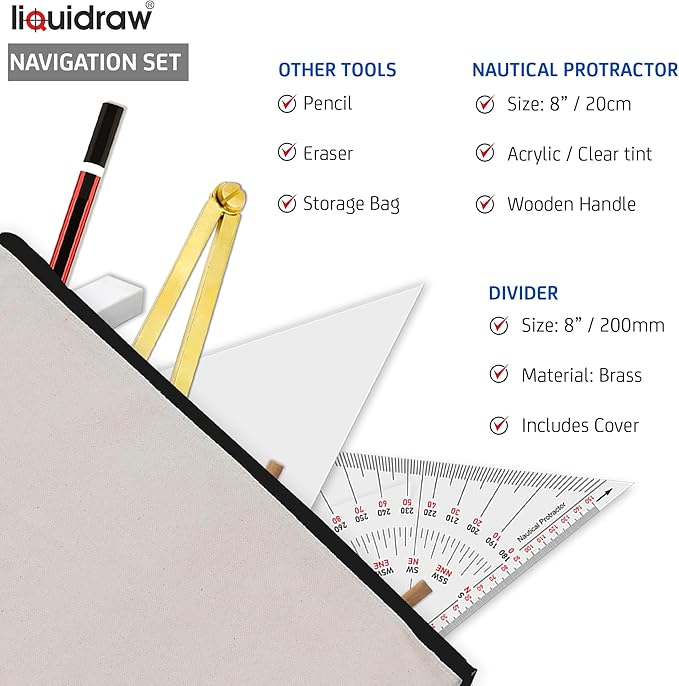 Liquidraw Marine Navigation Divider Universal Nautical Protractor Set Square Set of 6 | Triangle Ruler & Brass Divider | Essential For Sailing, Accurate Navigational Plotting & Portland Course Plotter