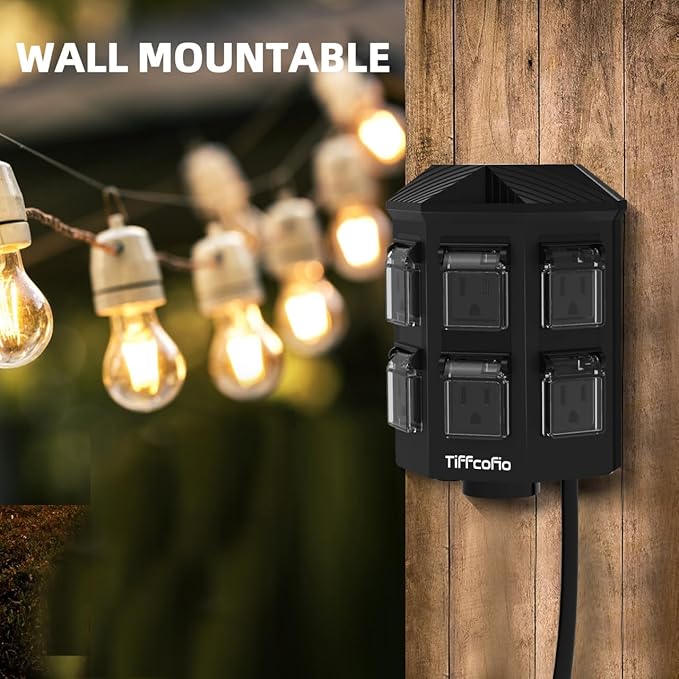 TiFFCOFiO Outdoor Power Strip with Stake Waterproof, 90 FT Extension Cord, 6 Grounded Outlets for Outdoor Lights, 14 AWG, 15A/1875W, ETL Listed