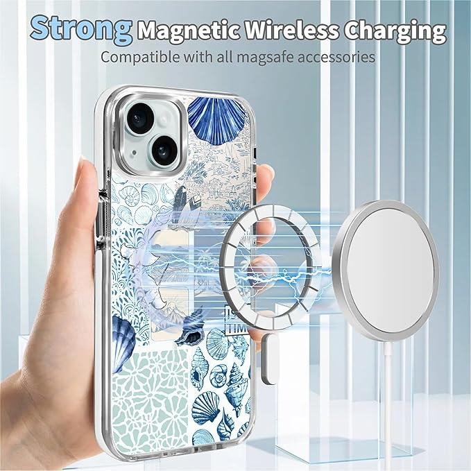 Case for iPhone 14 Plus/15 Plus,[Compatible with MagSafe],Sea Life Ocean Waves Seashell Collage Phone Case Design，for Women Girls Magnetic Clear Cover - Slim, Sleek, & Shockproof Protection