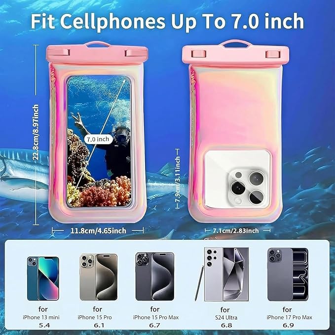Floatable Waterproof Phone Pouch Case 2 pax for iPhone 17 16 Pro Max/15/14/13/12, IP68 Travel Cellphone Dry Bag Beach Cruise Ship Essentials Bags with Crossbody Lanyard, Iridescent Pink and Blue-7″