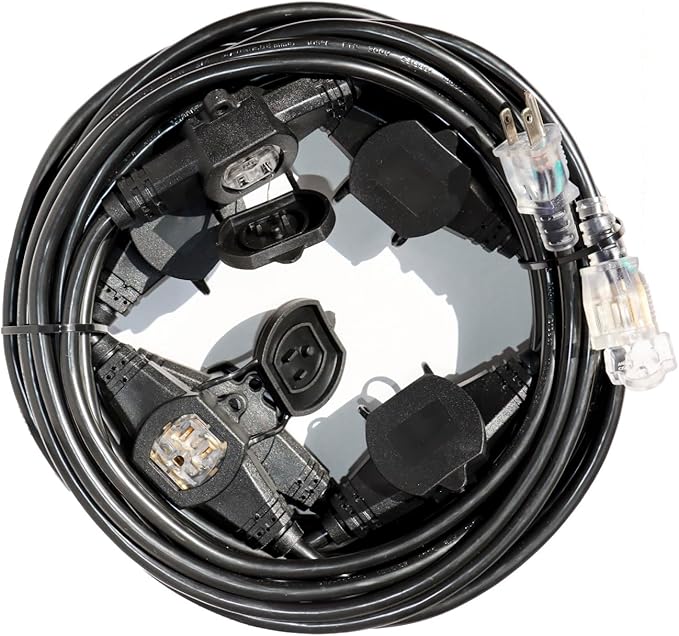 50FT 12 Gauge SJTW Power Extension Cord 3 Prong, 5-15R Male Plug to Female Connector, 6 Outlet, Multiple Evenly-Spaced Plug, Suitable for Stage Setting or Outdoor, UL Certified