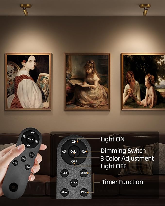 EZVALO LED Spotlight Indoor, 5500mAh Rechargeable Battery-Powered Picture Lights, Wireless Mini Art Accent Spot Lights with Remote, for Plants, Display, Painting, Artwork (4-Pack-Gold)