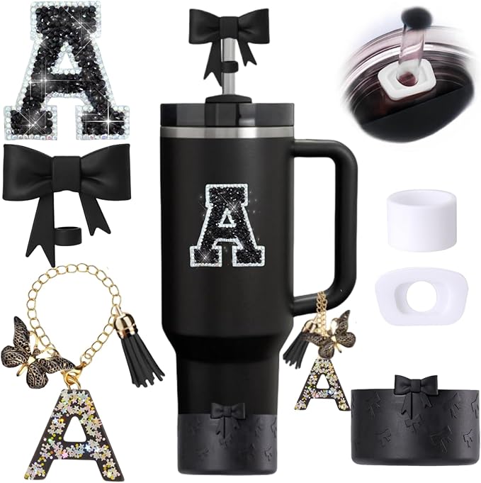 MOTEERLLU 6pcs Black Stanley Cup Accessories Set, Bow Straw Topper for Stanley Cup 30oz 40oz, Including Straw Topper and Bow Silicone Boot, Stoppers Spill Proof, Handle Charm, Initials Sticker