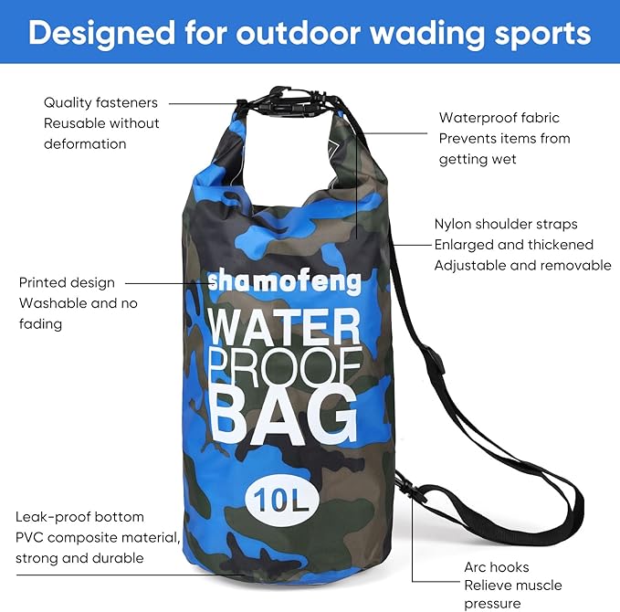 Waterproof Dry Bag 5L/10L/15L/20L/30L Roll Top Dry Storage Backpack with Phone Case, Collapsible Water Bottle, Sunglasses, Ear Band for Kayaking Boating Swimming Fishing Camping, Blue 15L