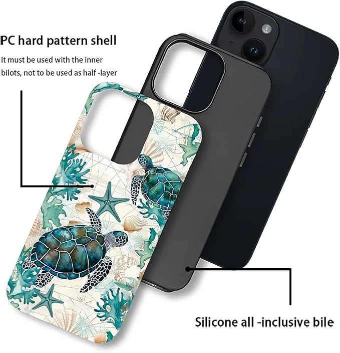 for iPhone 15 Plus Case,HH2 Ocean Sea Turtle Nautical Map Hybrid 2 Layer Hard Shell Silicone Protective Pattern Design Case