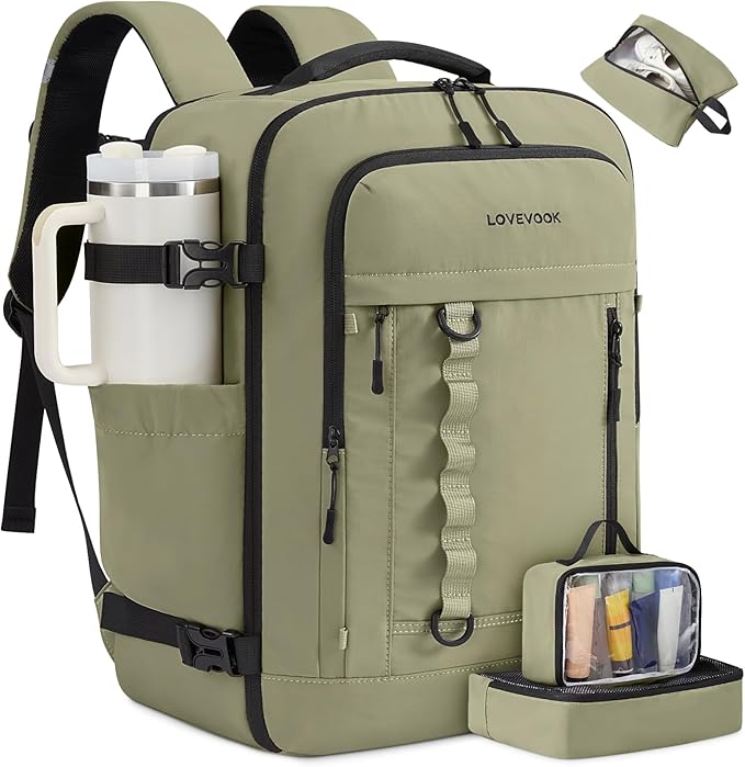 LOVEVOOK 40L Travel Backpack for Men Women, Waterproof Carry On Backpack for Work & Travel, Flight Approved Personal Item with 3 Packing Cubes, TSA Bag Fits 17.3" Laptop,Greyish green