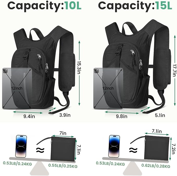 Small Hiking Backpack 10L - Lightweight Packable Foldable Backpack for Travel Camping Outdoor Commute, Compact Rucksack for Women Men(Black)